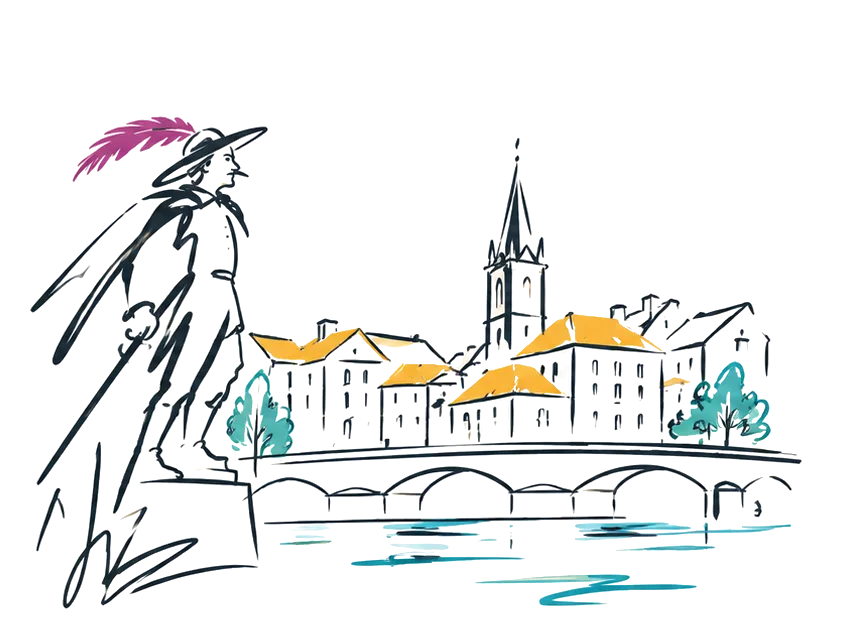 Illustration de Bergerac : la statue de Cyrano et les maisons du centre ancien